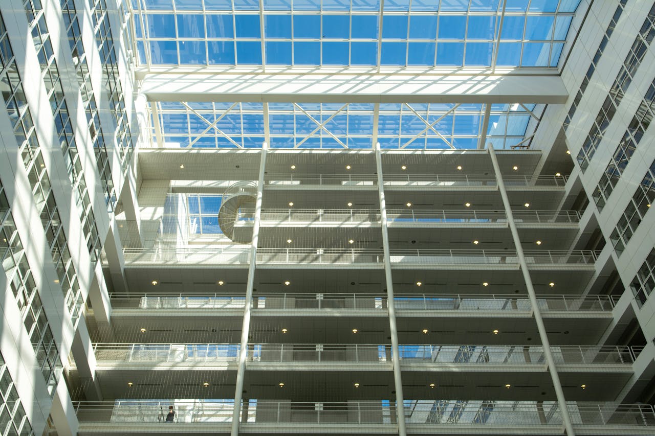 Explore this stunning atrium's futuristic architecture in The Hague, Netherlands.